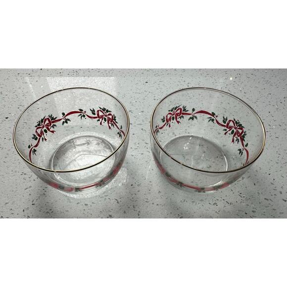 2 VTG Glass Ribbon Holly & Berry Pattern 4 1/4" Bowl w/ Gold Rim Open Candy Dish - Picture 2 of 3